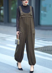 New Green Plaid Button Pockets Cotton Jumpsuits Sleeveless