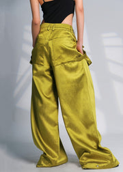 New Green Pockets High Waist Cotton Wide Leg Pants Summer