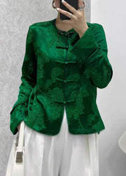New Green Print Button Silk Shirts Coats Long Sleeve