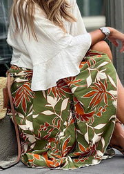 New Green Print Elastic Waist Cotton Maxi Skirts Summer