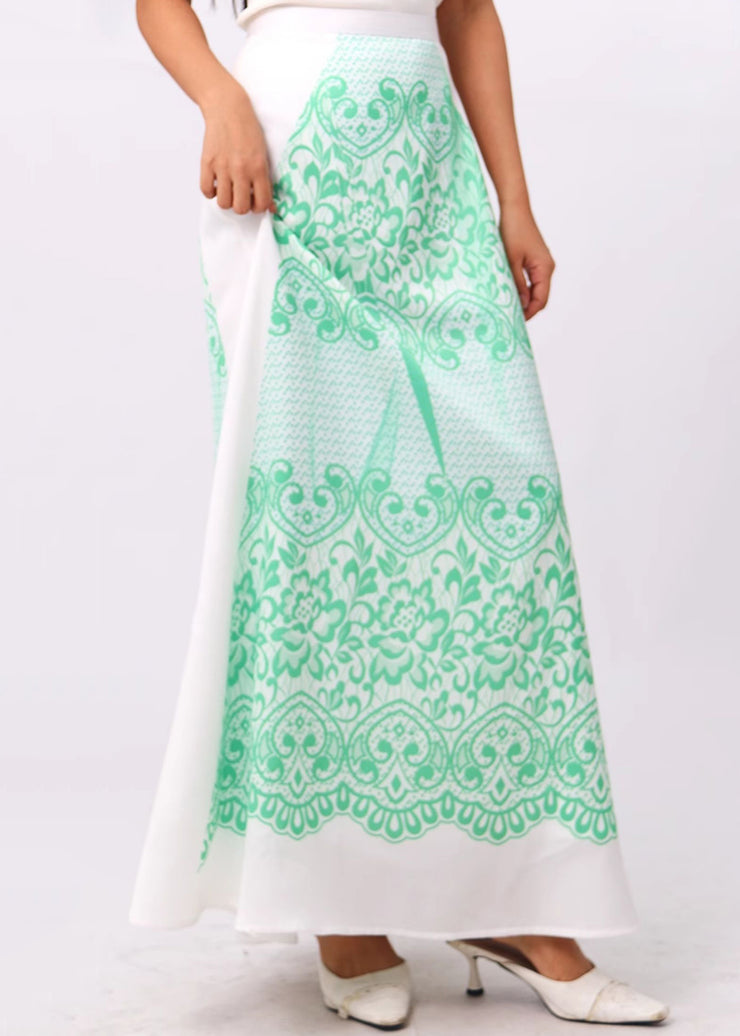 New Green Print High Waist Silk Maxi Skirts Summer