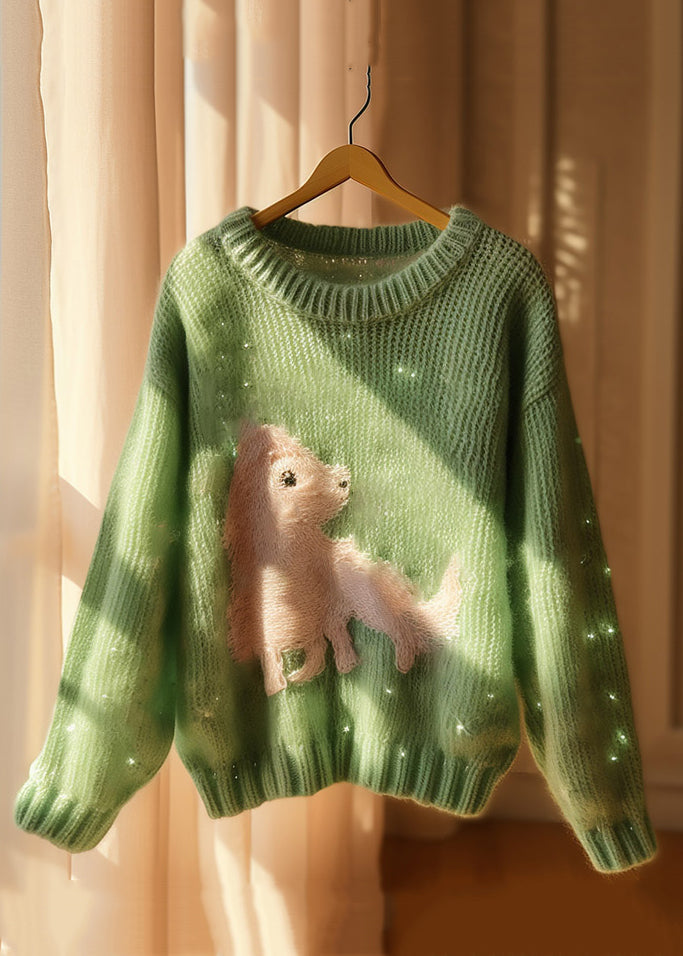 New Green Print Hollow Out Knit Sweater Fall