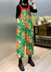 New Green Print Patchwork Cotton Jumpsuit Sleeveless