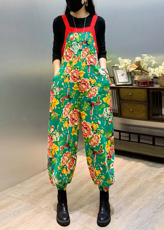 New Green Print Patchwork Cotton Jumpsuit Sleeveless