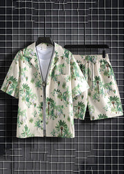 New Green Print Pockets Cotton Men Two Pieces Set Summer