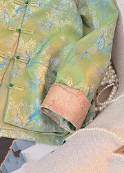 New Green Print Print Side Open Silk Coats Fall