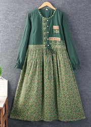 New Green Print Tie Waist Patchwork Cotton Dress Long Sleeve