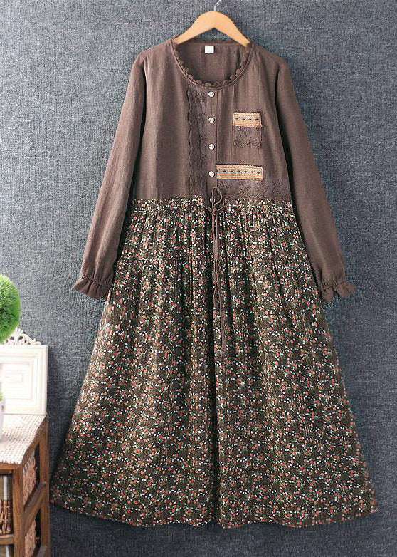 New Green Print Tie Waist Patchwork Cotton Dress Long Sleeve