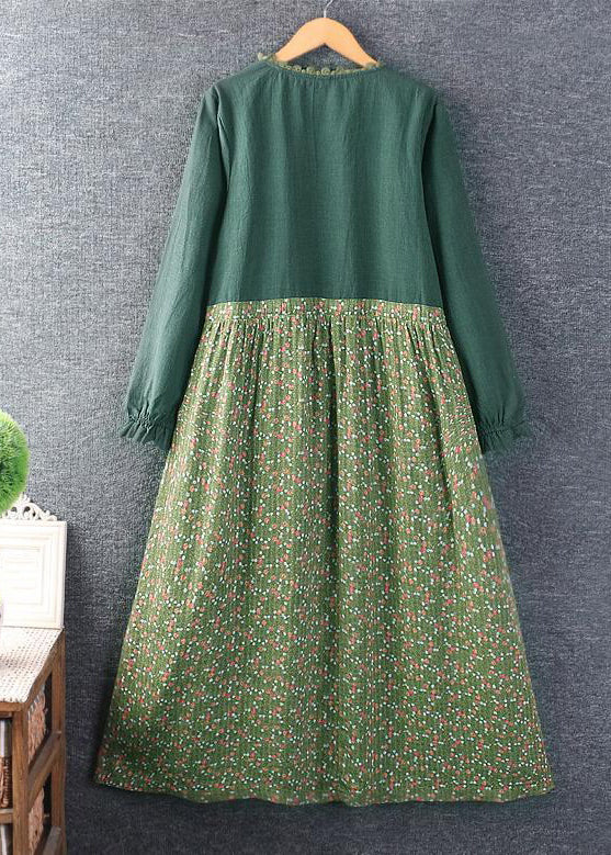 New Green Print Tie Waist Patchwork Cotton Dress Long Sleeve