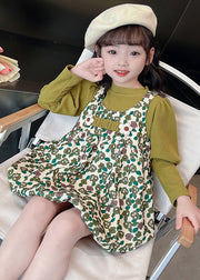 New Green Print Tops And Dress Cotton Girls Two Pieces Set Long Sleeve