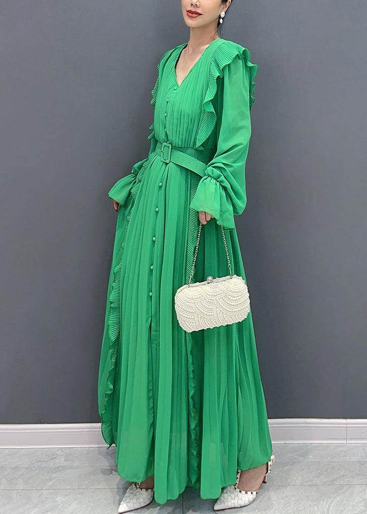 New Green Ruffled Button Sashes Chiffon Dress Long Sleeve