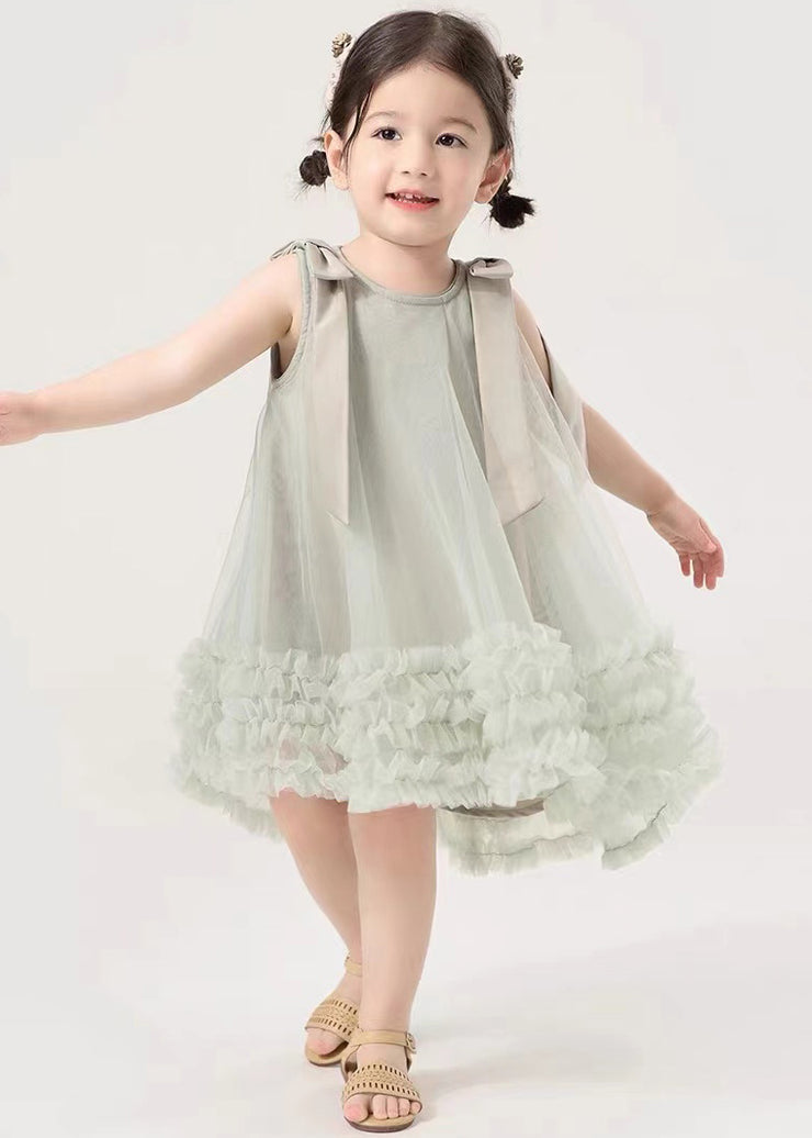 New Green Ruffled Low High Design Tulle Girls Dresses Sleeveless