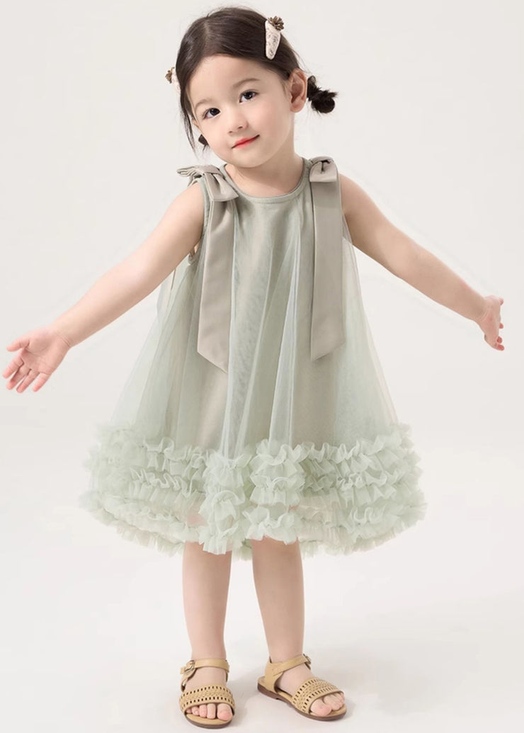 New Green Ruffled Low High Design Tulle Girls Dresses Sleeveless