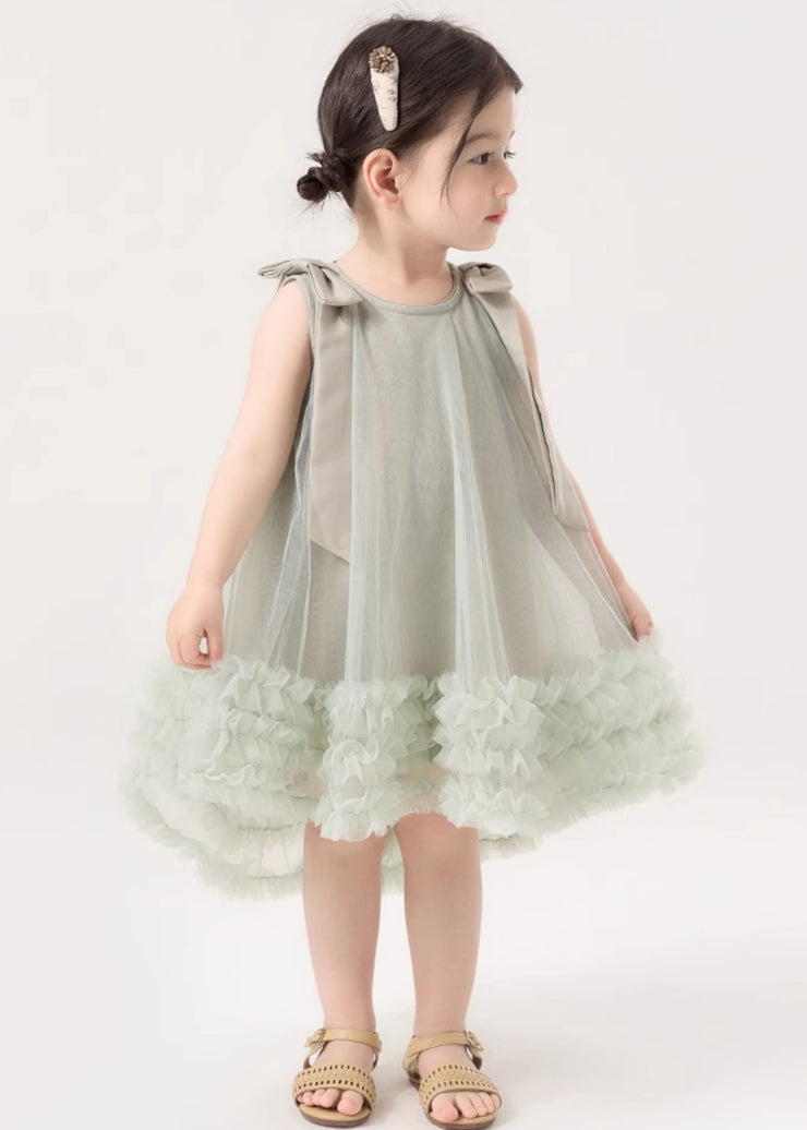 New Green Ruffled Low High Design Tulle Girls Dresses Sleeveless