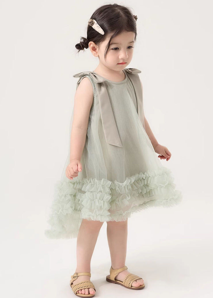 New Green Ruffled Low High Design Tulle Girls Dresses Sleeveless