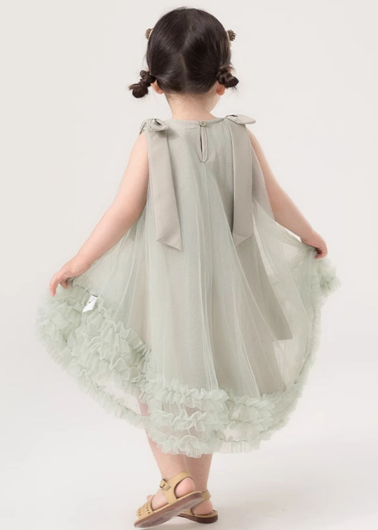 New Green Ruffled Low High Design Tulle Girls Dresses Sleeveless