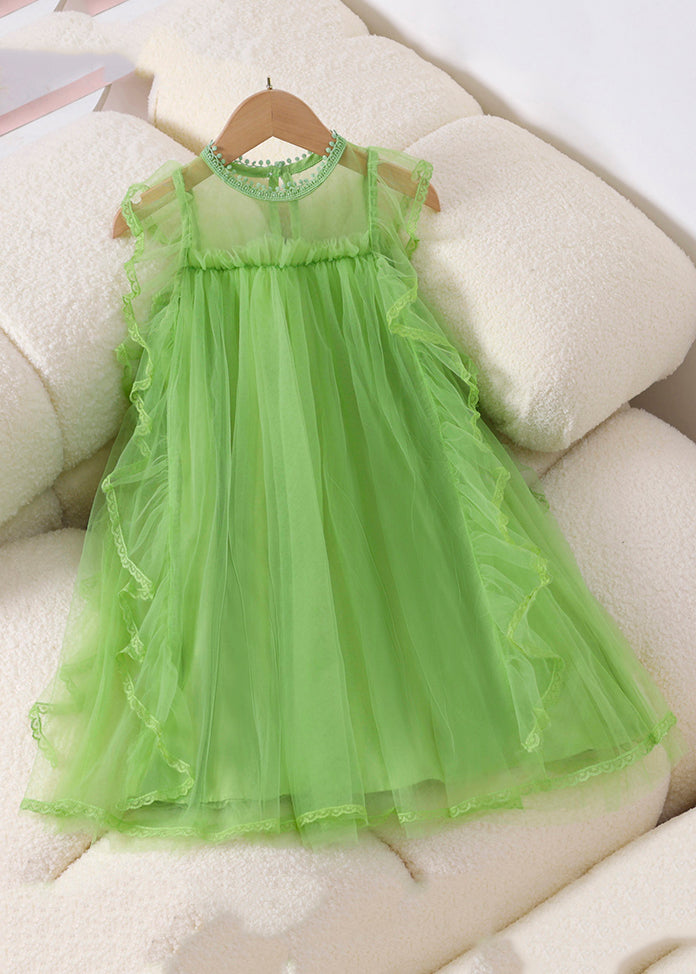 New Green Ruffled Solid Tulle Girls Dresses Sleeveless