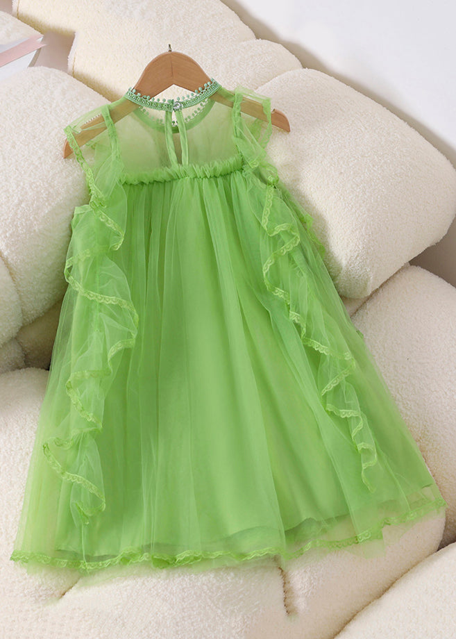 New Green Ruffled Solid Tulle Girls Dresses Sleeveless