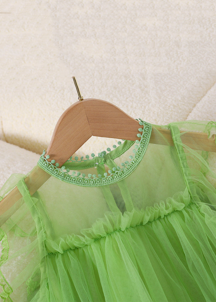 New Green Ruffled Solid Tulle Girls Dresses Sleeveless