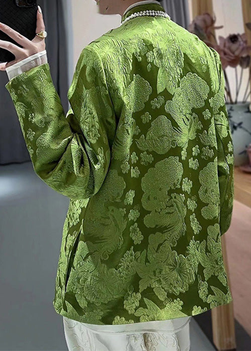 New Green Solid Print Chinese Button Silk Tops Spring