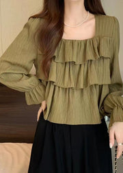 New Green Square Collar Ruffled Patchwork Cotton Top Spring