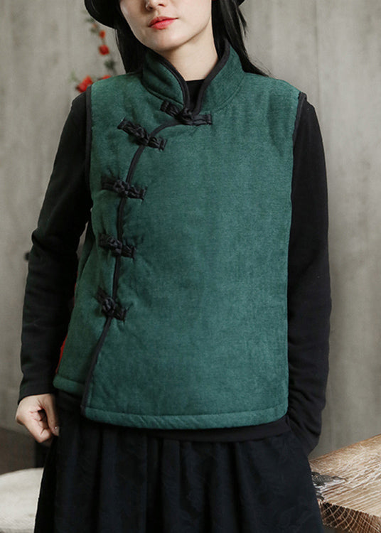 New Green Stand Collar Button Warm Fleece Waistcoat Sleeveless