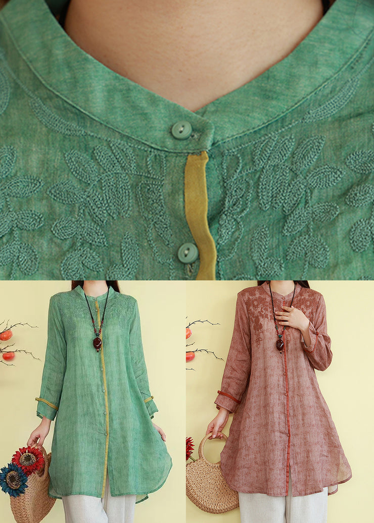 New Green Stand Collar Embroidered Button Linen Shirt Spring