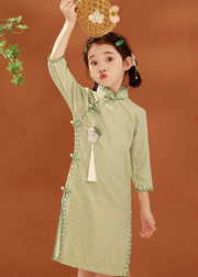 New Green Stand Collar Embroideried Button Kids Holiday Maxi Dress Spring