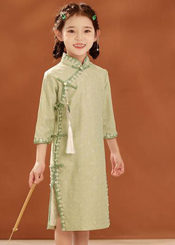 New Green Stand Collar Embroideried Button Kids Holiday Maxi Dress Spring