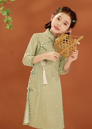 New Green Stand Collar Embroideried Button Kids Holiday Maxi Dress Spring