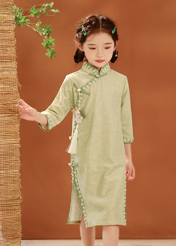 New Green Stand Collar Embroideried Button Kids Holiday Maxi Dress Spring