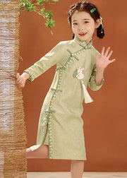 New Green Stand Collar Embroideried Button Kids Holiday Maxi Dress Spring