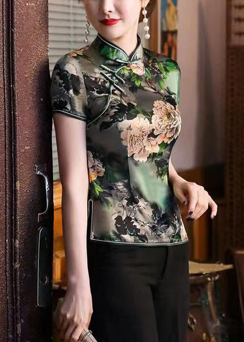 New Green Stand Collar Print Button Silk Top Summer