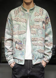 New Green Stand Collar Print Cotton Men Coat Spring