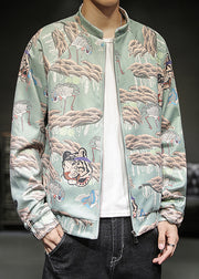 New Green Stand Collar Print Cotton Men Coat Fall