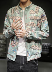 New Green Stand Collar Print Cotton Men Coat Fall