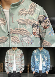 New Green Stand Collar Print Cotton Men Coat Spring