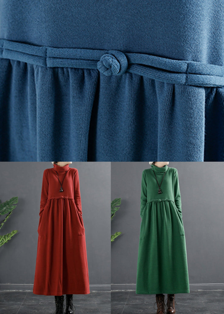 New Green Turtleneck Lace Up Cotton Knit Maxi Dresses Winter