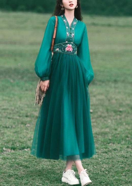 New Green V Neck Embroidered Tulle Long Dress Spring