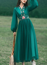 New Green V Neck Embroidered Tulle Long Dress Spring
