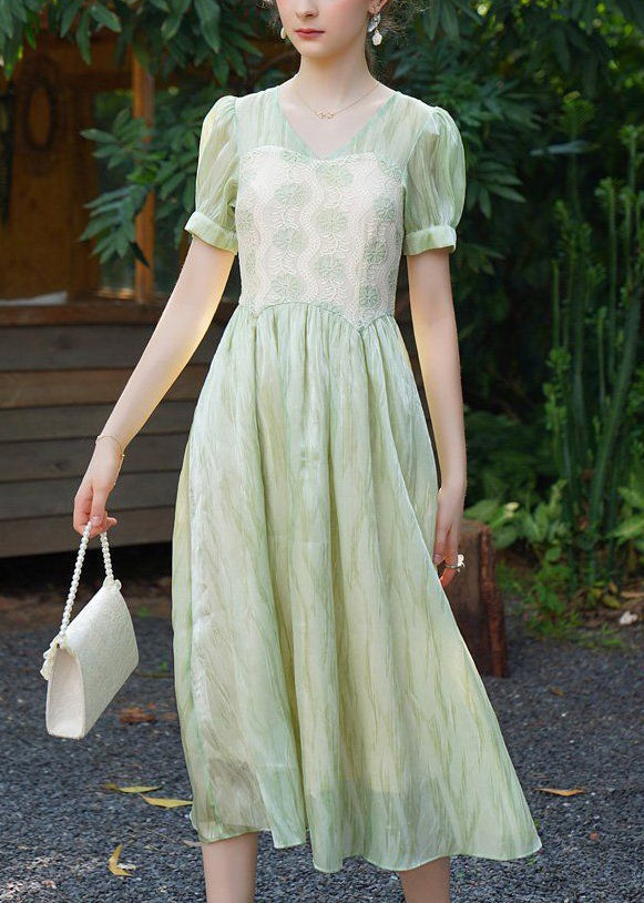 New Green V Neck Lace Patchwork Long Dress Summer