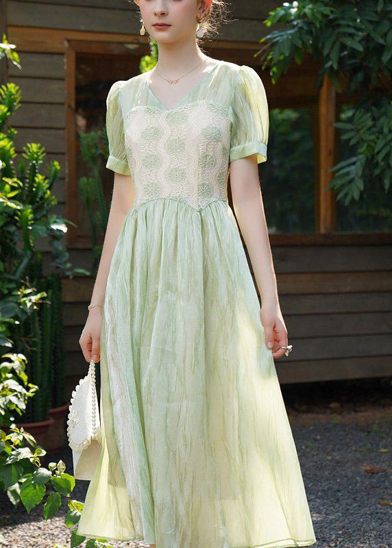 New Green V Neck Lace Patchwork Long Dress Summer