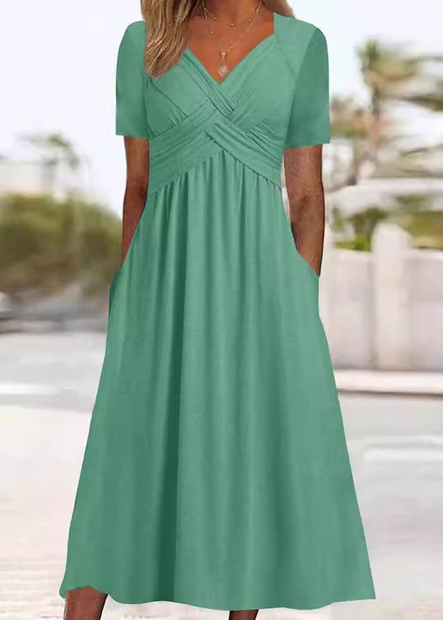 New Green V Neck Pockets Solid Cotton Long Dress Summer