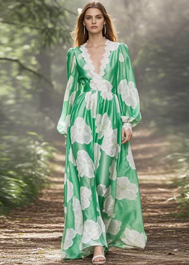 New Green V Neck Print Lace Patchwork Chiffon Maxi Dresses Spring