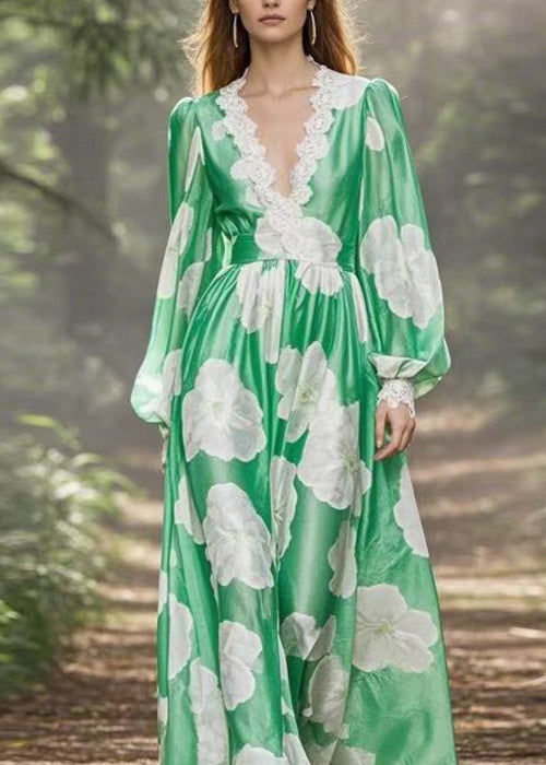 New Green V Neck Print Lace Patchwork Chiffon Maxi Dresses Spring