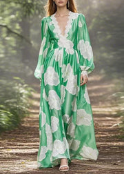 New Green V Neck Print Lace Patchwork Chiffon Maxi Dresses Spring