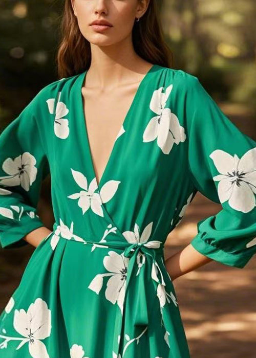 New Green V Neck Print Lace Up Chiffon Dress Spring