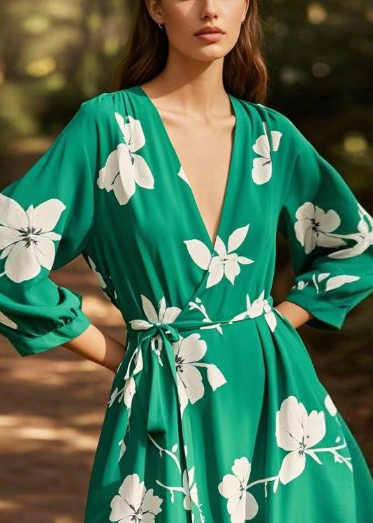 New Green V Neck Print Lace Up Chiffon Dress Spring