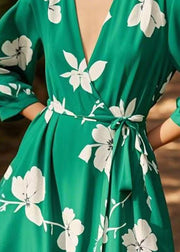 New Green V Neck Print Lace Up Chiffon Dress Spring