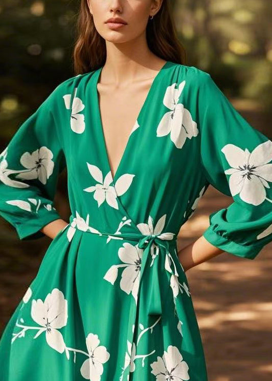 New Green V Neck Print Lace Up Chiffon Dress Spring